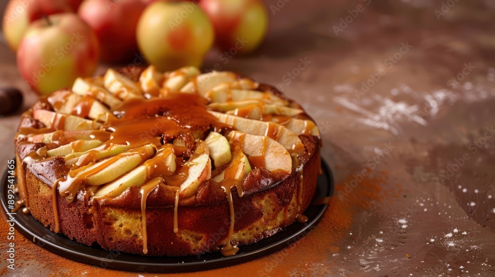 Fototapete rustic apple and caramel cake with caramel drizzle on a warm rust background, inviting and perfect for cozy text