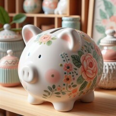 Decorative Ceramic Piggy Bank with Floral Patterns on Wooden Surface
