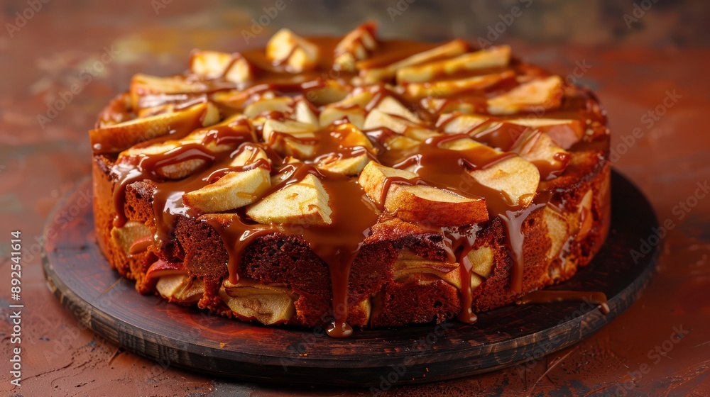 Fototapete rustic apple and caramel cake with caramel drizzle on a warm rust background, inviting and perfect for cozy text