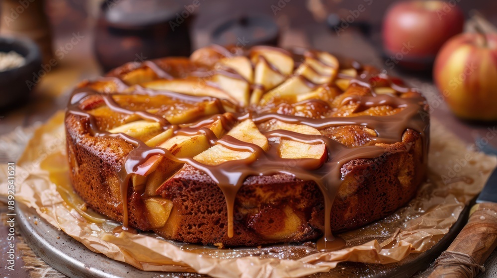 Fototapete rustic apple and caramel cake with a caramel drizzle on a warm caramel background, inviting and perfect for cozy autumn text