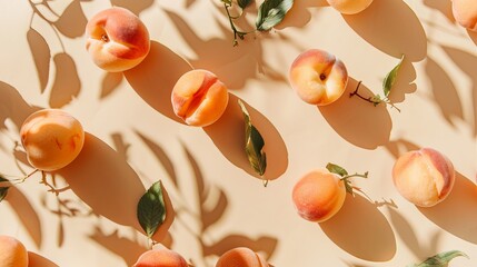 Peachy goodness laid out on a beige background, lit by sunlight creating floral shadows. Perfect for a healthy and stylish living vibe.