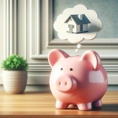 Piggy Bank with Dream of Home Ownership Concept on Pink Background