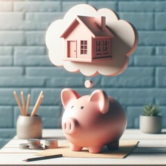 Piggy Bank with Dream of Home Ownership Concept on Pink Background