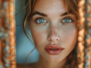 A woman checking her makeup in a small, handheld mirror, her reflection in a larger wall mirror behind her. 