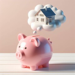 Piggy Bank with Dream of Home Ownership Concept on Pink Background