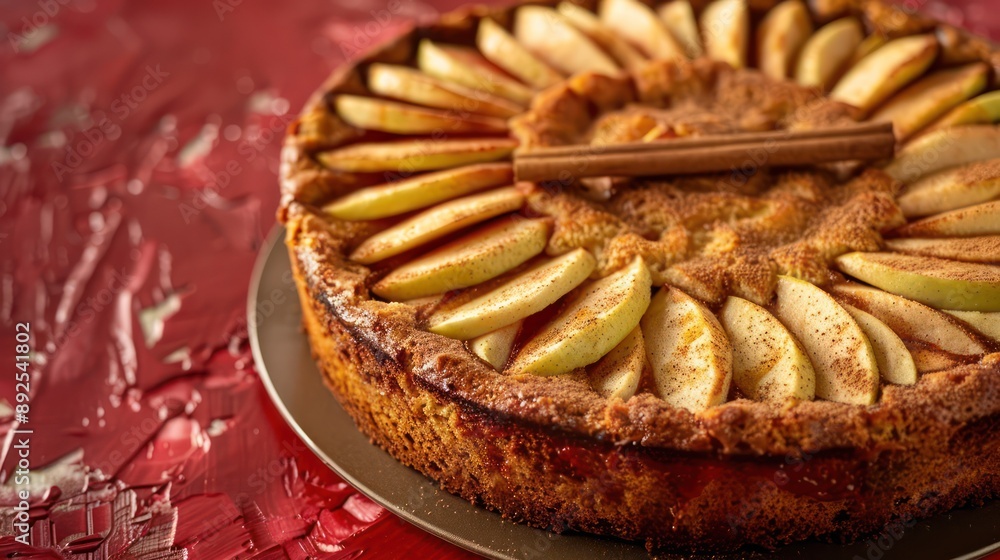 Fototapete rustic apple and cinnamon cake with a cinnamon stick garnish on a warm red background, cozy and perfect for autumnal text