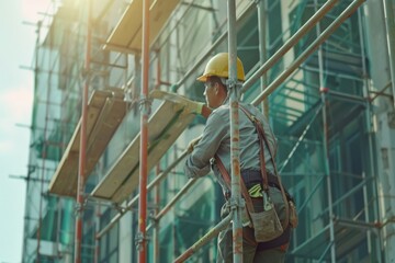 a construction worker climbing scaffold