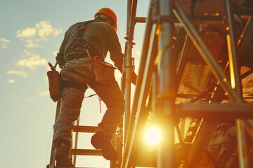 a construction worker climbing scaffold