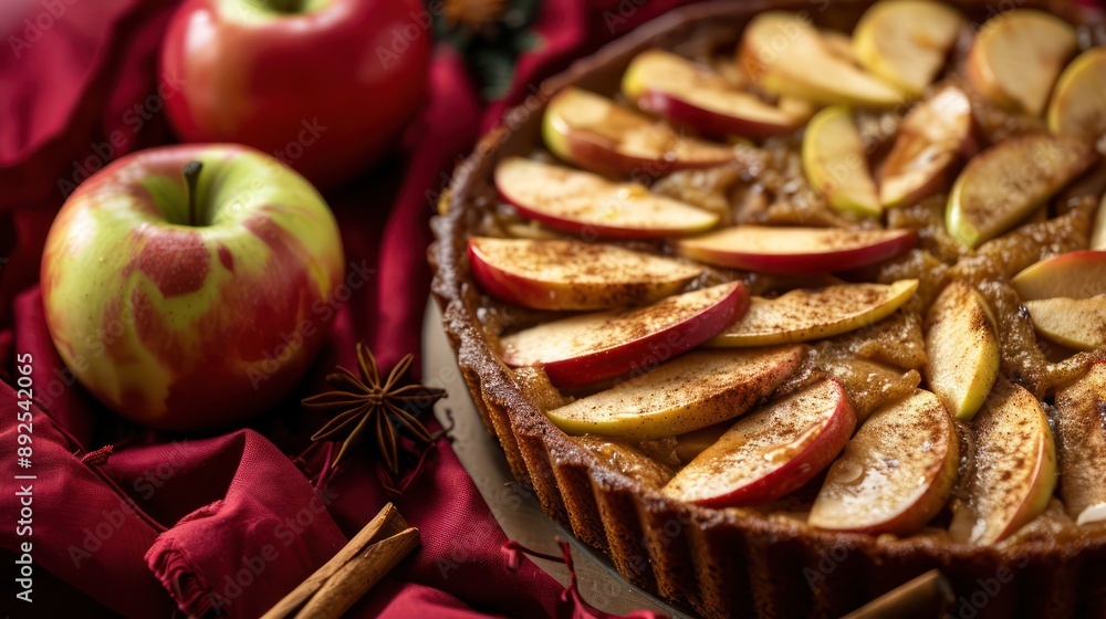 Fototapete rustic apple and cinnamon cake with a cinnamon stick garnish on a warm red background, cozy and perfect for autumnal text