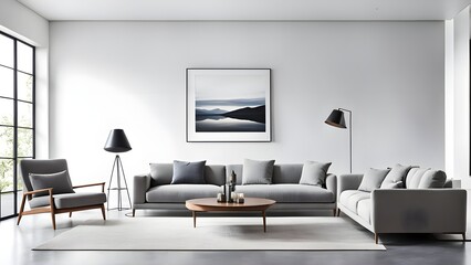 Minimalist Living Room interior with couch set and White Wall. Generative ai