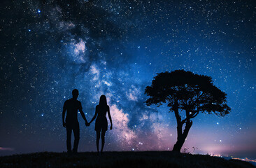 Fototapeta premium Night landscape. Couple in love standing on the hill, and looking at the Milky Way galaxy .
