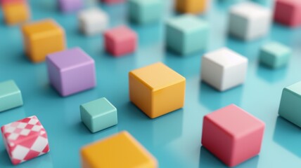 Obraz premium Colorful Geometric Shapes on Blue Background - Abstract Modern Art with Vibrant Cubes and Blocks in Various Sizes and Patterns - Perfect for Design, Technology, and Creative Projects