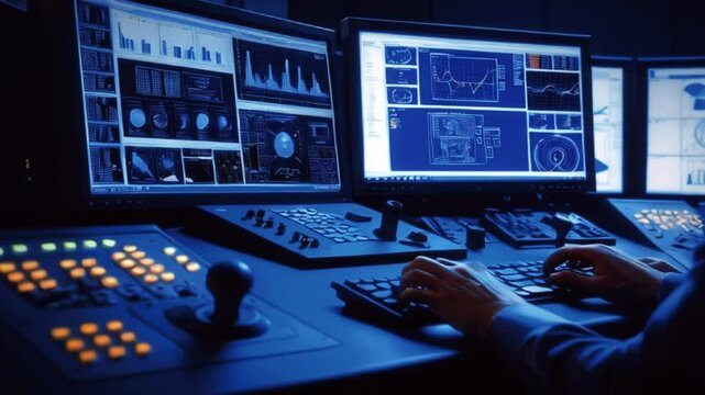 Operator Monitoring Data and Graphs on Multiple Computer Monitors at a Control Panel