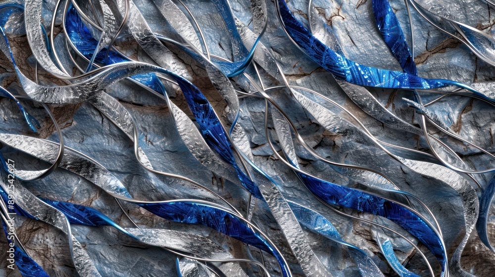 Poster sapphire and silver threads crisscrossing in a chaotic yet beautiful pattern on a slate background