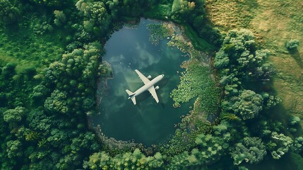 A lake in the shape of an airplane in the middle of untouched nature a concept illustrating the ecology of air transport travel and ecotourism