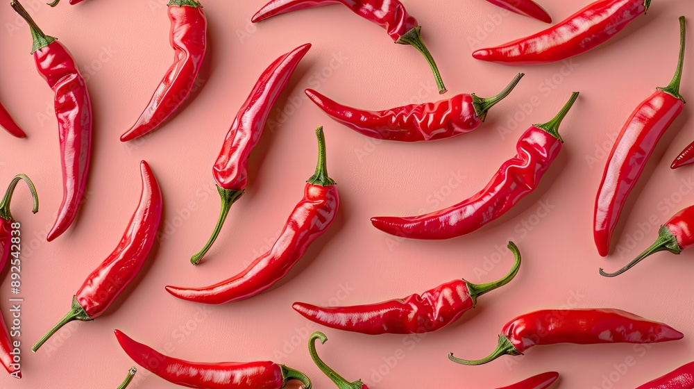 Poster a close up of red peppers on a pink background. the peppers are arranged in a pattern, with some ove