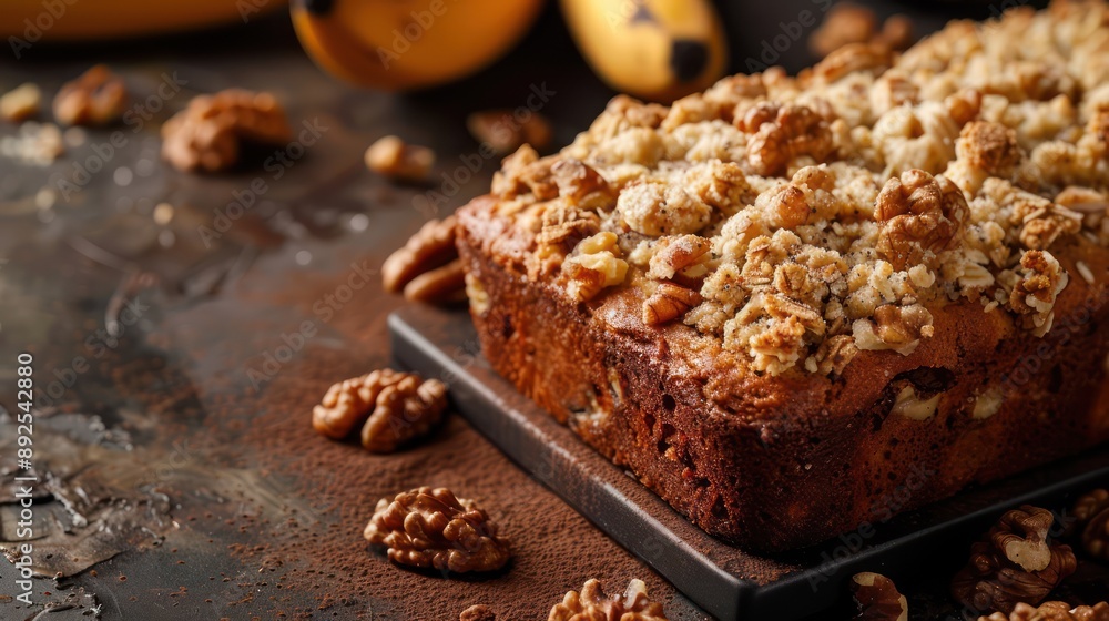 Fototapete rustic banana bread cake with walnut crumble on a warm mocha background, cozy and inviting for comfo