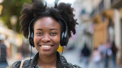 Portrait of a smiling African American woman wearing headphones in the middle of the street.