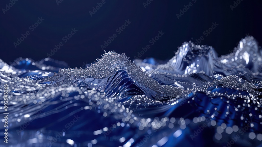 Poster silver and blue digital plexus, creating a virtual landscape on a dark indigo backdrop