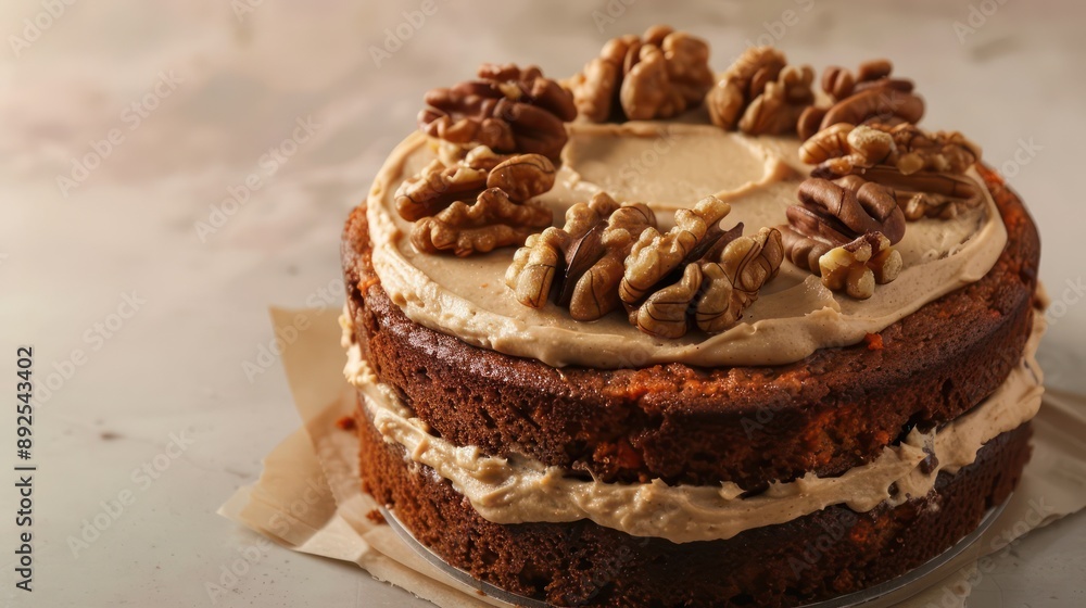 Fototapete rustic carrot cake topped with walnuts on a soft beige backdrop, ideal for adding text