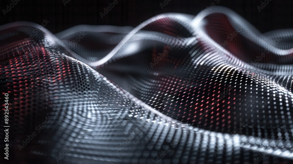 Poster silver and dark red digital mesh, creating a mysterious and engaging backdrop for text on a black su
