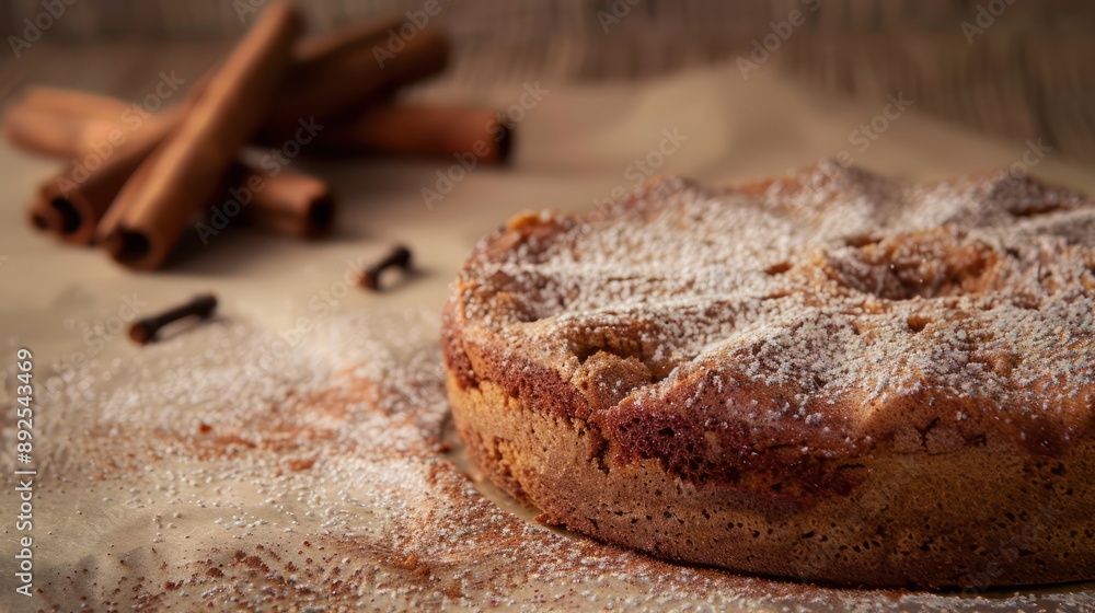 Fototapete rustic chai spiced cake with a dusting of cinnamon on a warm tan background, inviting and perfect for cozy text