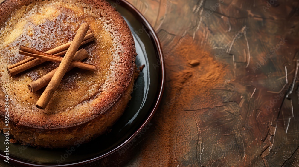 Fototapete rustic chai spiced cake with cinnamon sticks on a warm cinnamon background, cozy and perfect for inviting text