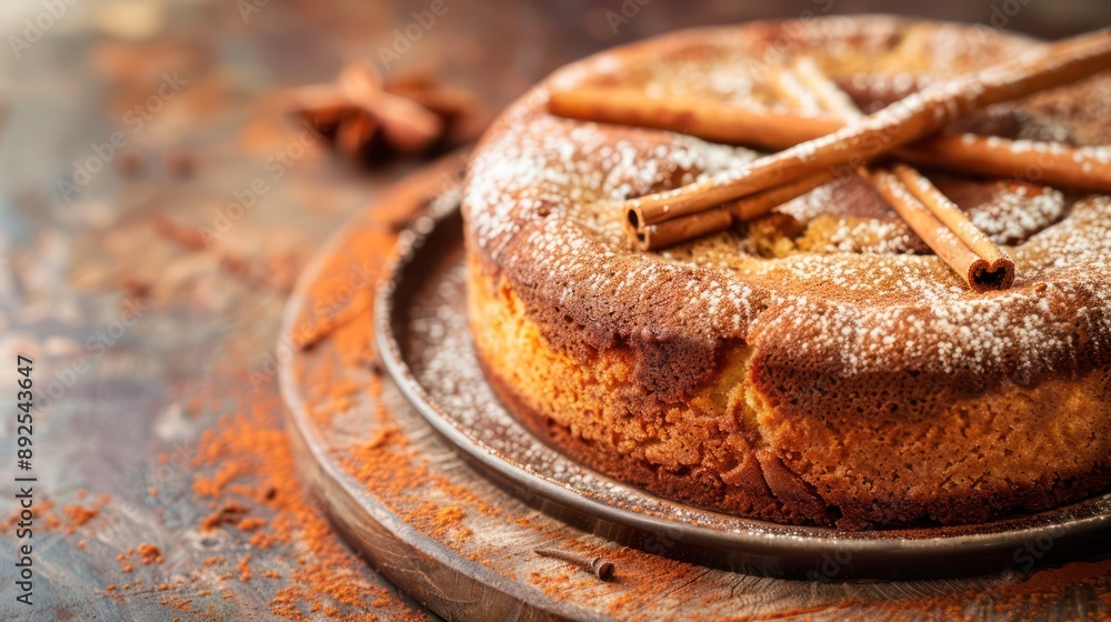 Fototapete rustic chai spiced cake with cinnamon sticks on a warm cinnamon background, cozy and perfect for inviting text