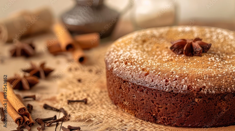 Fototapete rustic chai spiced cake with a dusting of cinnamon on a warm tan background, inviting and perfect for cozy text