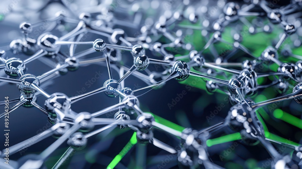 Poster silver and green digital connections forming a complex network on a dark blue background with ample 