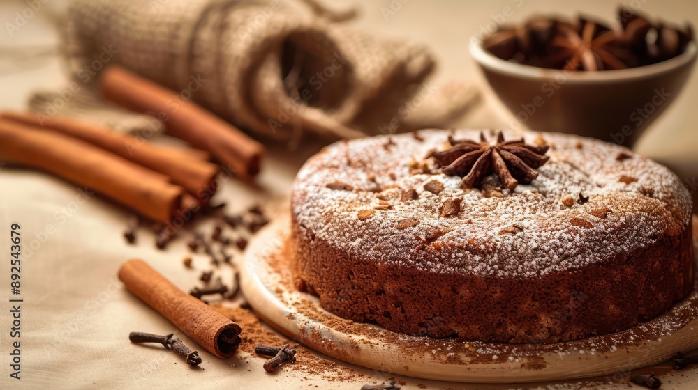 Fototapete rustic chai spiced cake with a dusting of cinnamon on a warm tan background, inviting and perfect for cozy text