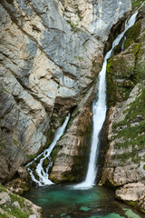 View of the Savica waterfall in Slovenia in summer, which flows into a rocky gorge (vertical photo)