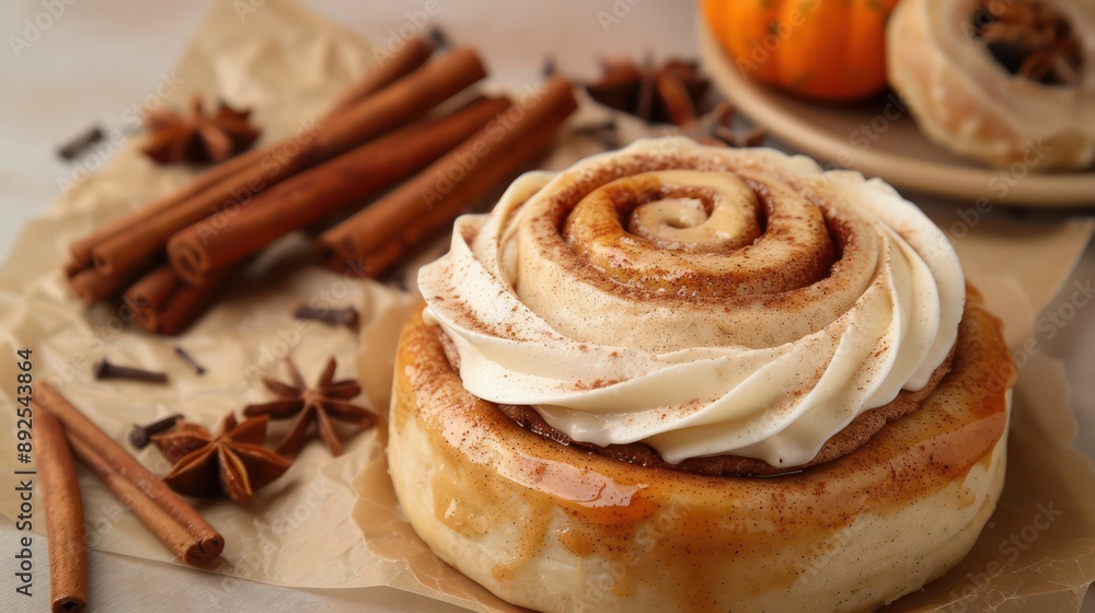 Fototapete rustic cinnamon roll cake with cream cheese frosting on a light brown background, cozy and perfect f