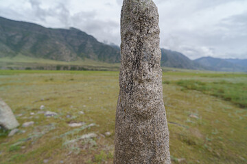 tombstone monument of man warrior of the Bulan-Kobin (Bulan-Koba) culture in the Kur-Kechu tract in...