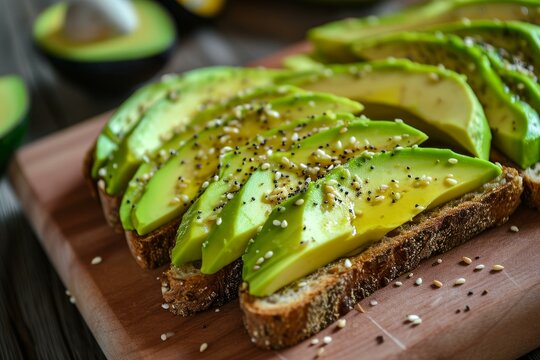 Ripe sliced avocado on whole grain bread sprinkled with sesame seeds, healthy meal concept
