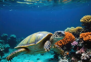 Obraz premium Underwater Turtle Swimming Among Coral Reefs