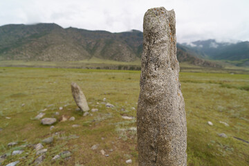 tombstone monument of man warrior of the Bulan-Kobin (Bulan-Koba) culture in the Kur-Kechu tract in...