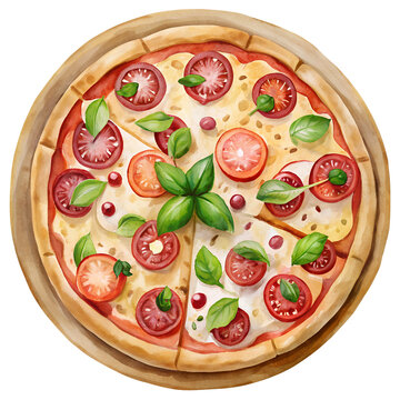 watercolor pizza with tomatoes and basil clip art preview