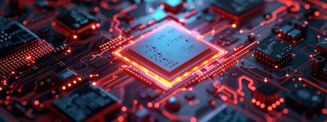 Obraz premium AI chip glows with energy and power, futuristic red processor of artificial intelligence radiates tech light. Concept of computer technology