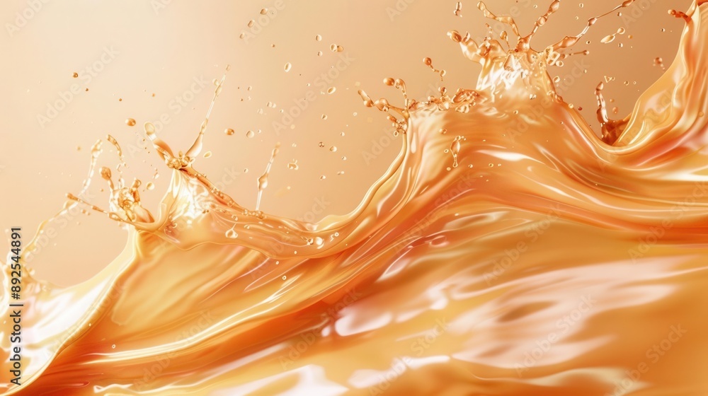 Poster glossy apricot fluid, splashing caramel texture, 3d effect, macro photorealistic abstract background
