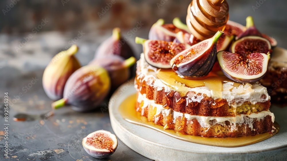 Fototapete rustic honey and fig cake topped with fresh figs and drizzled with honey on a warm taupe background,