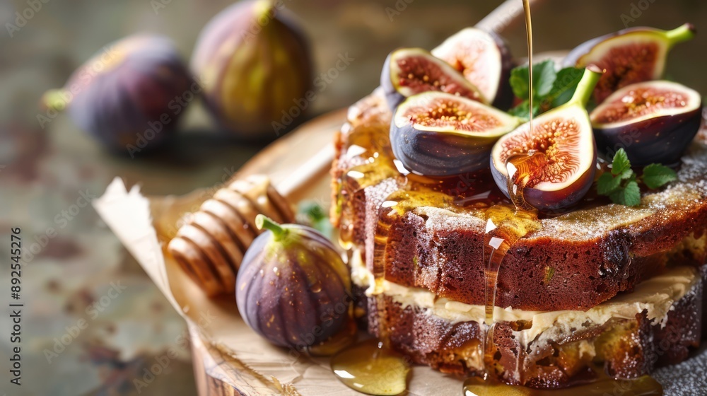 Fototapete rustic honey and fig cake topped with fresh figs and drizzled with honey on a warm taupe background, cozy and inviting for autumn gatherings