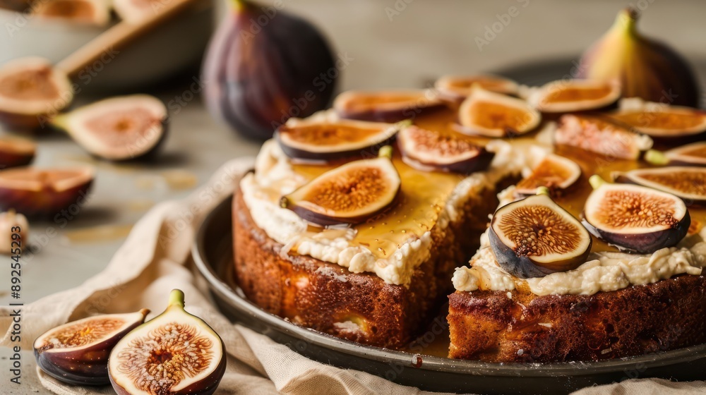 Fototapete rustic honey and fig cake with fig slices on a soft tan background, inviting and perfect for warm text
