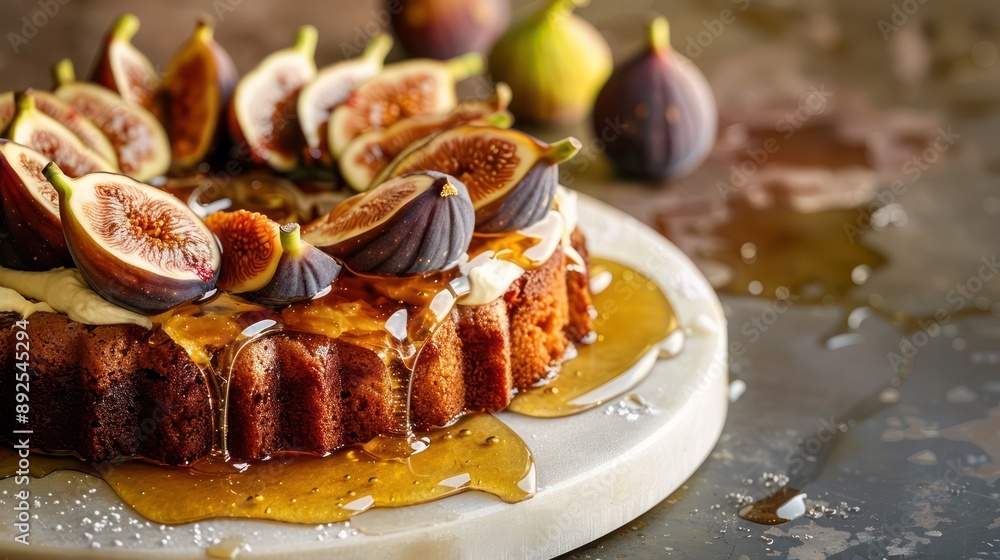 Fototapete rustic honey and fig cake topped with fresh figs and drizzled with honey on a warm taupe background,