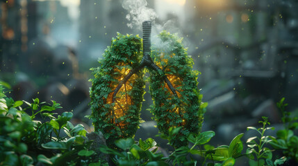 Surreal image of vines crawling on the lungs of a person floating amidst the nature of the forest in search of fresh air for the respiratory system. Pollution and environment in the city concept