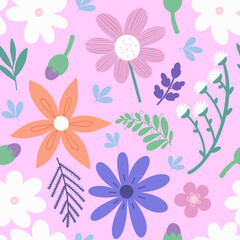 Cheerful seamless floral pattern. Hand drawn wildflowers scattered on pink background. Raster allover print great for fabric or paper print