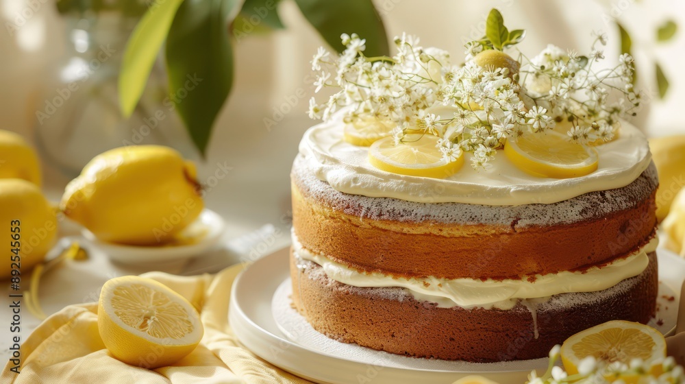 Fototapete rustic lemon and elderflower cake on a soft yellow background, light and inviting for spring text