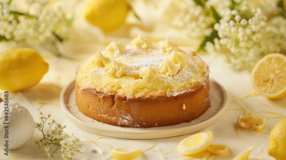 Fototapete rustic lemon and elderflower cake on a soft yellow background, light and inviting for spring text