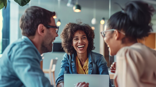 Multiracial Work Team Happily Discussing Project Content in a Bright and Simple Office, Captured for Corporate Recruitment or Team Presentation Purposes