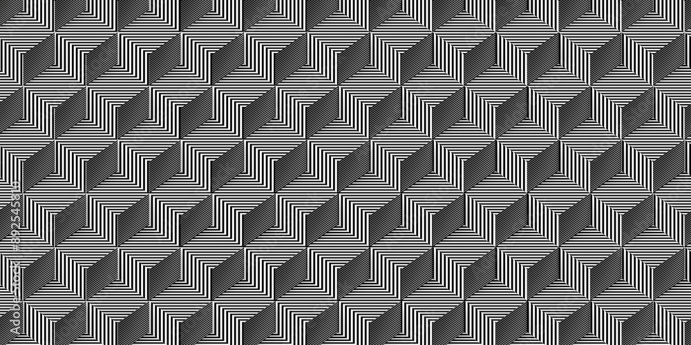 Poster white and black lines textured isometric cube or boxes background with black edges